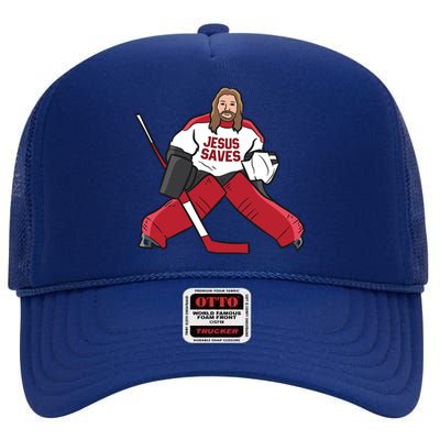 Funny Hockey Jesus Saves Hockey Goalie Great Gift High Crown Mesh Back Trucker Hat