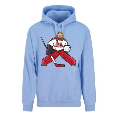 Funny Hockey Jesus Saves Hockey Goalie Great Gift Unisex Surf Hoodie