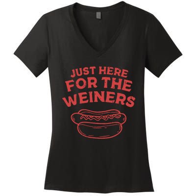 Funny Hotdog Just Here For The Wiener 4th Of July Women's V-Neck T-Shirt