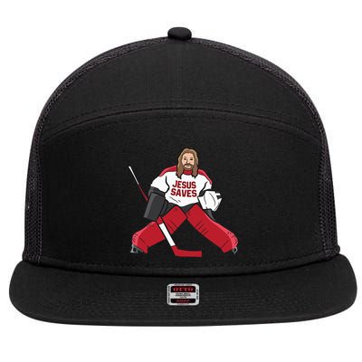 Funny Hockey Jesus Saves Hockey Goalie 7 Panel Mesh Trucker Snapback Hat