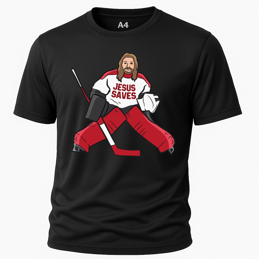 Funny Hockey Jesus Saves Hockey Goalie Cooling Performance Crew T-Shirt