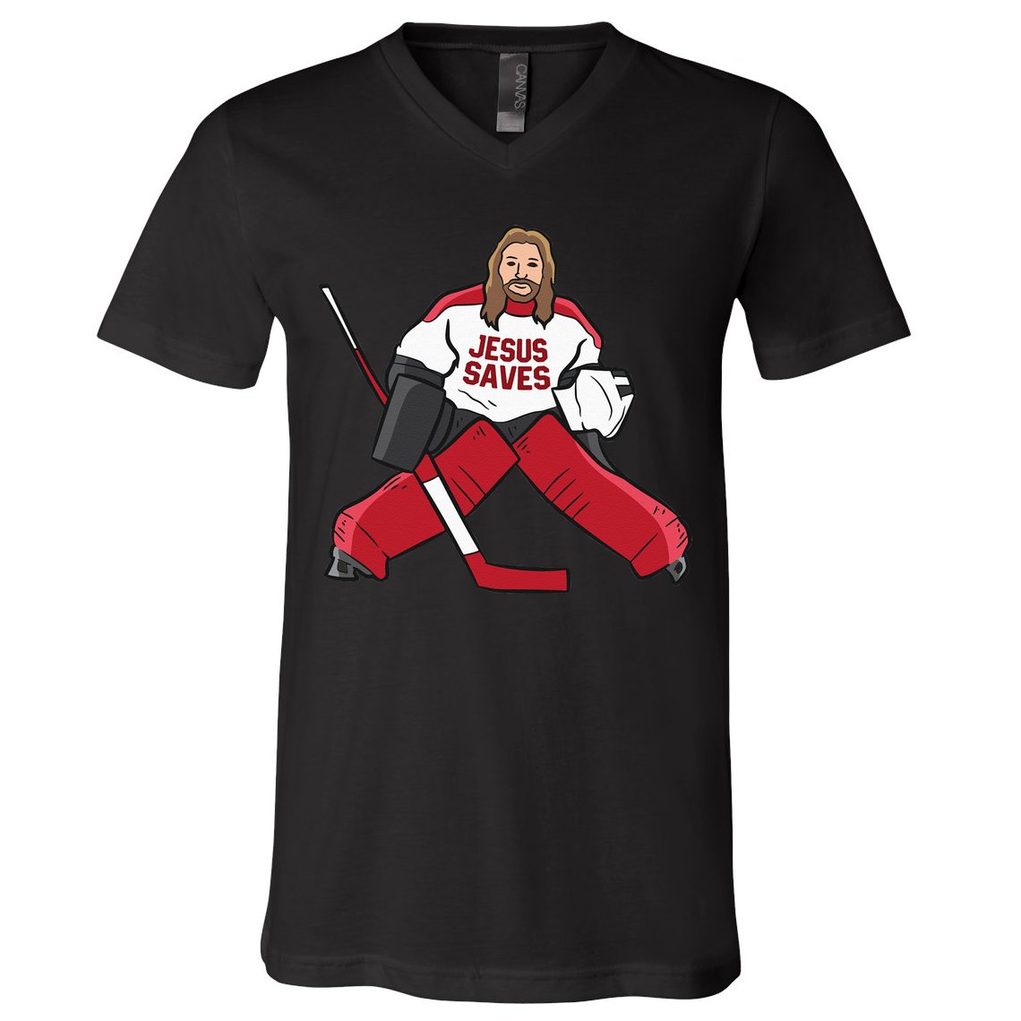 Funny Hockey Jesus Saves Hockey Goalie V-Neck T-Shirt
