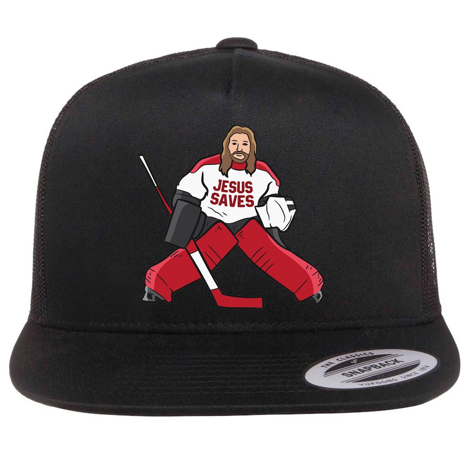 Funny Hockey Jesus Saves Hockey Goalie Flat Bill Trucker Hat