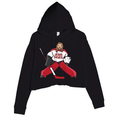 Funny Hockey Jesus Saves Hockey Goalie Crop Fleece Hoodie