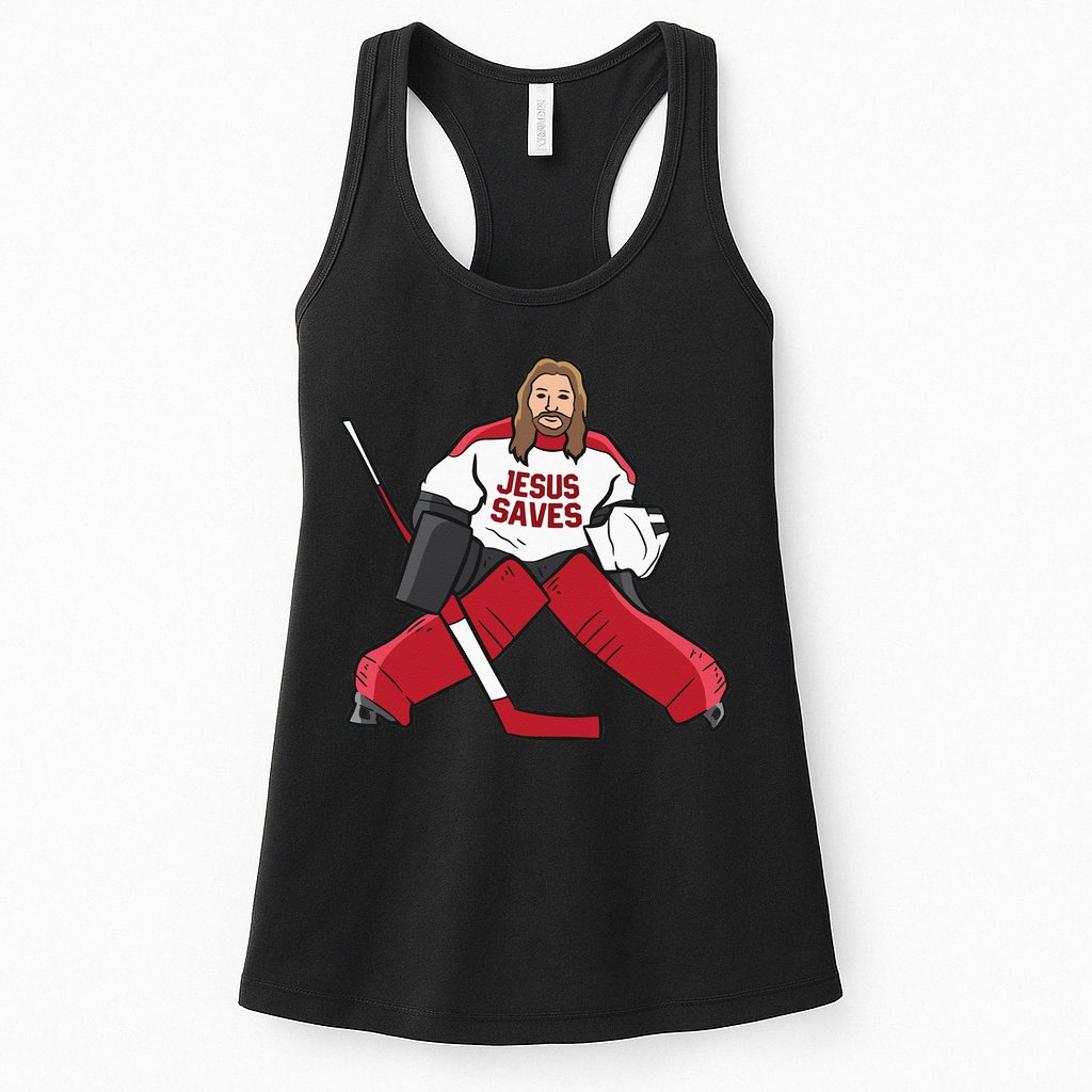 Funny Hockey Jesus Saves Hockey Goalie Womens Tank Top