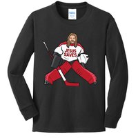 Funny Hockey Jesus Saves Hockey Goalie Kids Long Sleeve Shirt