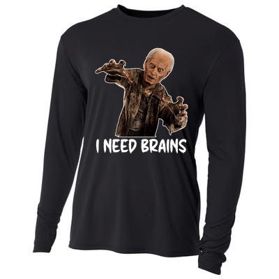 Funny Halloween Joe Biden Zombie I Need Brains Costume Cooling Performance Long Sleeve Crew