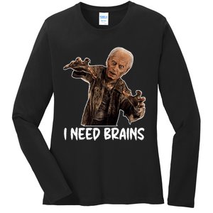 Funny Halloween Joe Biden Zombie I Need Brains Costume Ladies Long Sleeve Shirt