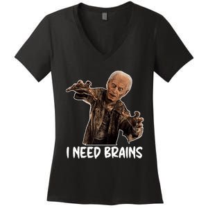 Funny Halloween Joe Biden Zombie I Need Brains Costume Women's V-Neck T-Shirt