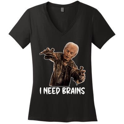 Funny Halloween Joe Biden Zombie I Need Brains Costume Women's V-Neck T-Shirt