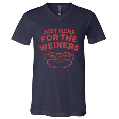 Funny Hotdog Just Here For The Wiener 4th Of July V-Neck T-Shirt