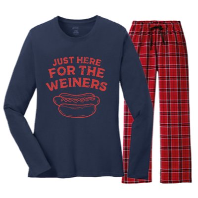 Funny Hotdog Just Here For The Wiener 4th Of July Women's Long Sleeve Flannel Pajama Set 