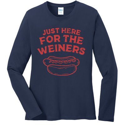 Funny Hotdog Just Here For The Wiener 4th Of July Ladies Long Sleeve Shirt