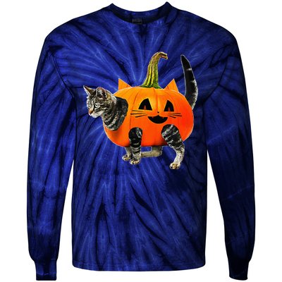 Funny Halloween Jack O Lantern Pumpkin Cat Tie-Dye Long Sleeve Shirt