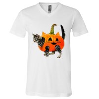 Funny Halloween Jack O Lantern Pumpkin Cat V-Neck T-Shirt