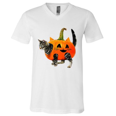 Funny Halloween Jack O Lantern Pumpkin Cat V-Neck T-Shirt