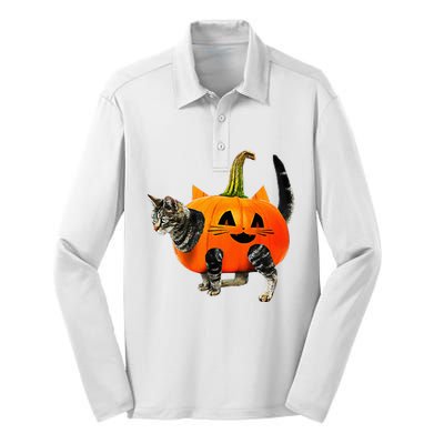 Funny Halloween Jack O Lantern Pumpkin Cat Silk Touch Performance Long Sleeve Polo