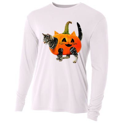 Funny Halloween Jack O Lantern Pumpkin Cat Cooling Performance Long Sleeve Crew