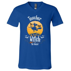 Funny Halloween Kindergarten Teacher By Day Witch By Night Gift V-Neck T-Shirt