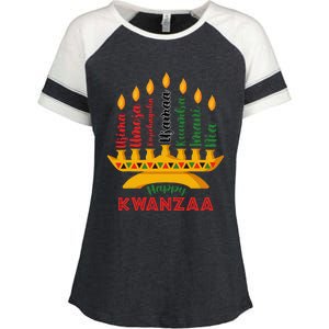 Funny Happy Kwanzaa Kinara Seven Candles Principles Of Kwanzaa Enza Ladies Jersey Colorblock Tee