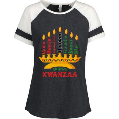 Funny Happy Kwanzaa Kinara Seven Candles Principles Of Kwanzaa Enza Ladies Jersey Colorblock Tee