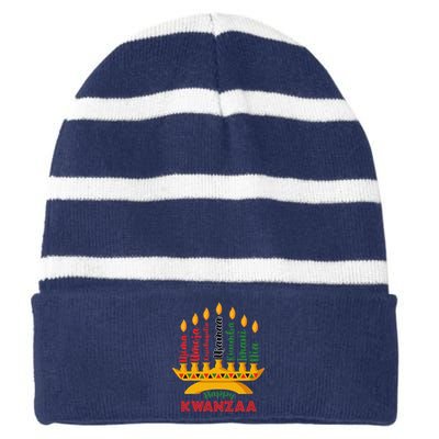 Funny Happy Kwanzaa Kinara Seven Candles Principles Of Kwanzaa Striped Beanie with Solid Band