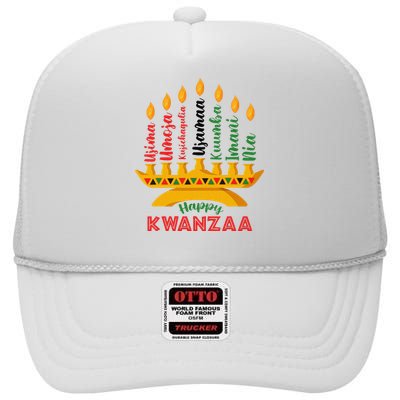 Funny Happy Kwanzaa Kinara Seven Candles Principles Of Kwanzaa High Crown Mesh Back Trucker Hat