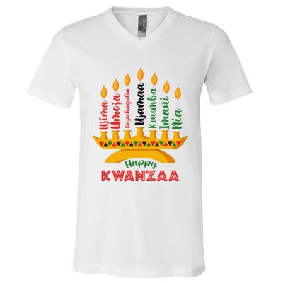 Funny Happy Kwanzaa Kinara Seven Candles Principles Of Kwanzaa V-Neck T-Shirt