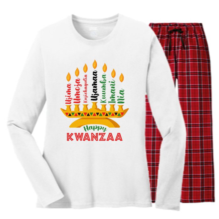 Funny Happy Kwanzaa Kinara Seven Candles Principles Of Kwanzaa Women's Long Sleeve Flannel Pajama Set 