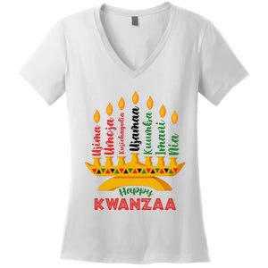 Funny Happy Kwanzaa Kinara Seven Candles Principles Of Kwanzaa Women's V-Neck T-Shirt