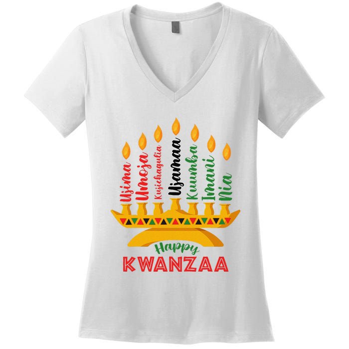 Funny Happy Kwanzaa Kinara Seven Candles Principles Of Kwanzaa Women's V-Neck T-Shirt