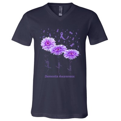 Faith Hope Love Purple Flower Ribbon Dementia Awareness V-Neck T-Shirt