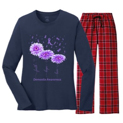 Faith Hope Love Purple Flower Ribbon Dementia Awareness Women's Long Sleeve Flannel Pajama Set 