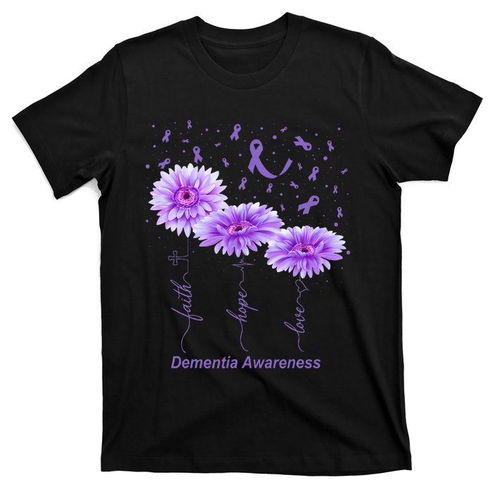 Faith Hope Love Purple Flower Ribbon Dementia Awareness T-Shirt