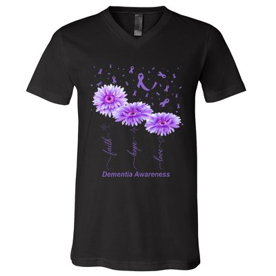 Faith Hope Love Purple Flower Ribbon Dementia Awareness V-Neck T-Shirt