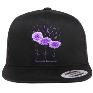 Faith Hope Love Purple Flower Ribbon Dementia Awareness Flat Bill Trucker Hat