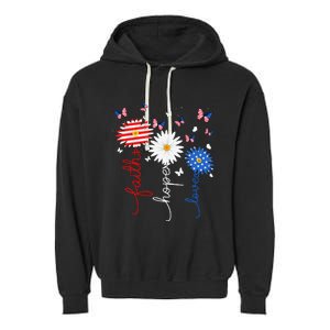 Faith Hope Love Butterfly Daisy 4th Of July Christian Garment-Dyed Fleece Hoodie