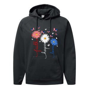 Faith Hope Love Butterfly Daisy 4th Of July Christian Performance Fleece Hoodie