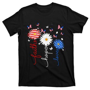 Faith Hope Love Butterfly Daisy 4th Of July Christian T-Shirt