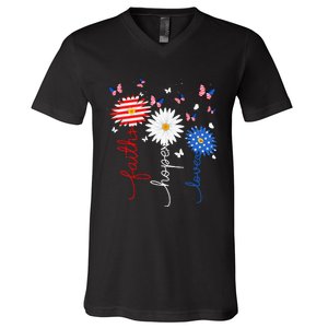 Faith Hope Love Butterfly Daisy 4th Of July Christian V-Neck T-Shirt