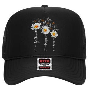 Faith Hope Love Butterfly Daisy Chirstian God High Crown Mesh Back Trucker Hat