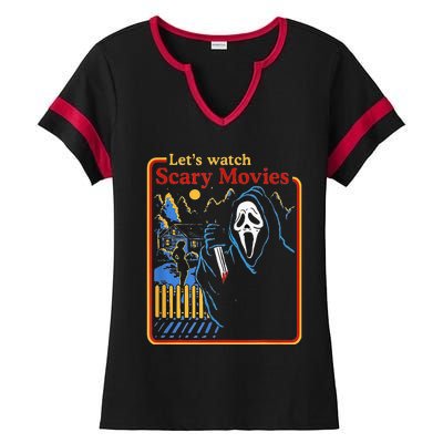 Funny Halloween Let’S Watch Scary Horror Movies Ghost Ladies Halftime Notch Neck Tee