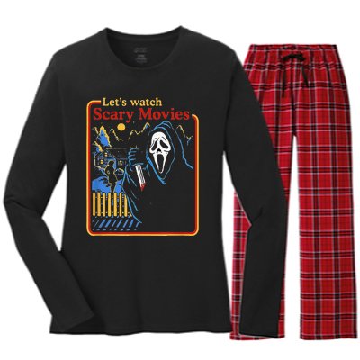 Funny Halloween Let’S Watch Scary Horror Movies Ghost Women's Long Sleeve Flannel Pajama Set 