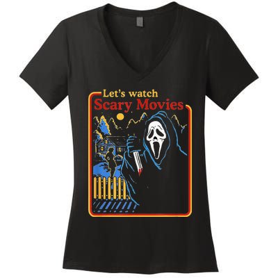 Funny Halloween Let’S Watch Scary Horror Movies Ghost Women's V-Neck T-Shirt