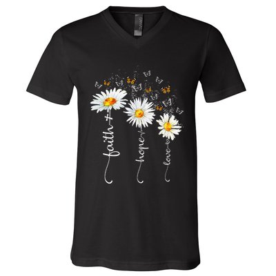 Faith & Hope & Love Butterfly Daisy Chirstian God Religious V-Neck T-Shirt