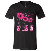 Faith Hope Love Gnome Ribbon Breast Cancer Awareness Flower V-Neck T-Shirt