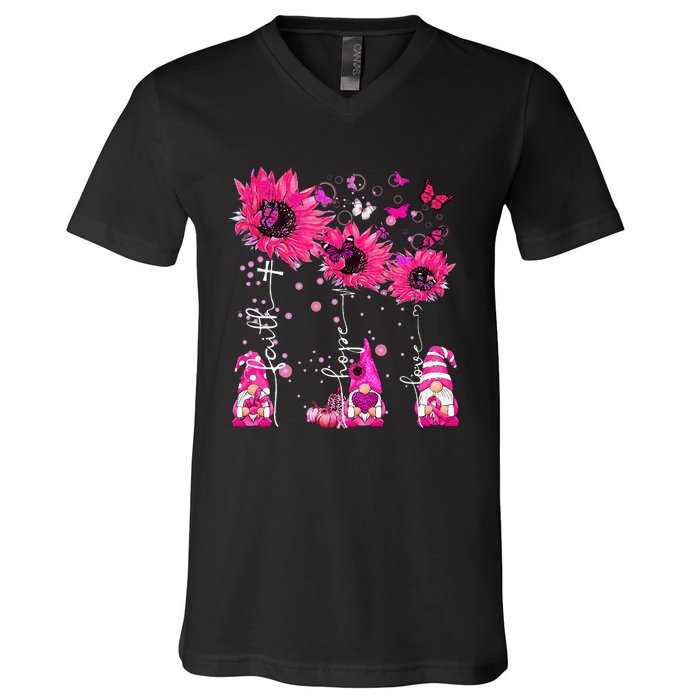 Faith Hope Love Gnome Ribbon Breast Cancer Awareness Flower V-Neck T-Shirt