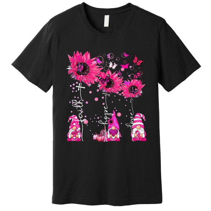 Faith Hope Love Gnome Ribbon Breast Cancer Awareness Flower Premium T-Shirt