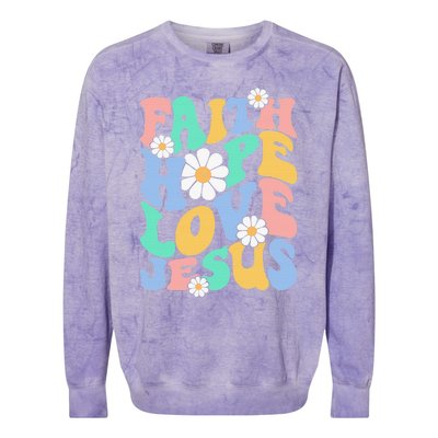 Faith, Hope, Love, Jesus Retro Groovy 's Christian Colorblast Crewneck Sweatshirt