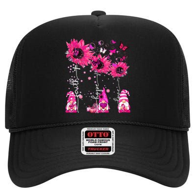 Faith Hope Love Gnome Ribbon Breast Cancer Awareness Flower High Crown Mesh Back Trucker Hat